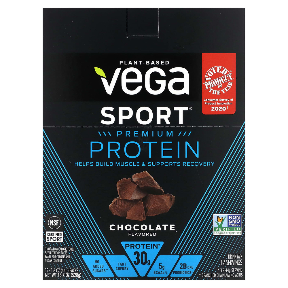 Vega, Sport, растительный протеин премиального качества, со вкусом шоколада, 12 пакетиков по 44 г (1,6 унции)