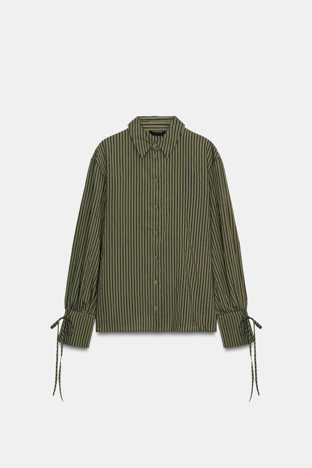 ZARA РУБАШКА В ПОЛОСКУ С ЗАВЯЗКАМИ, ТЕМНЫЙ ХАКИ