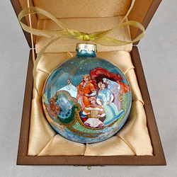 Шар елочный новогодний с круговой росписью Палех "Тройка" в коробке