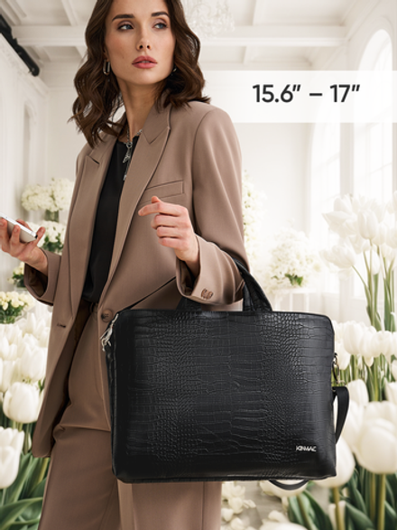 Сумка для ноутбука 15,6" и 17" с ремнем на плечо и 3 отделениями (Лакированный черный)