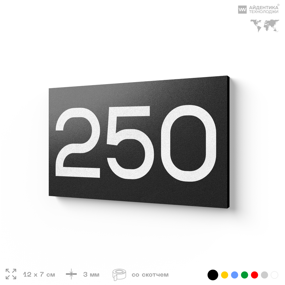 Номер на дверь 250, табличка на дверь для офиса, квартиры, кабинета, аудитории, склада, черная 120х70 мм, Айдентика Технолоджи