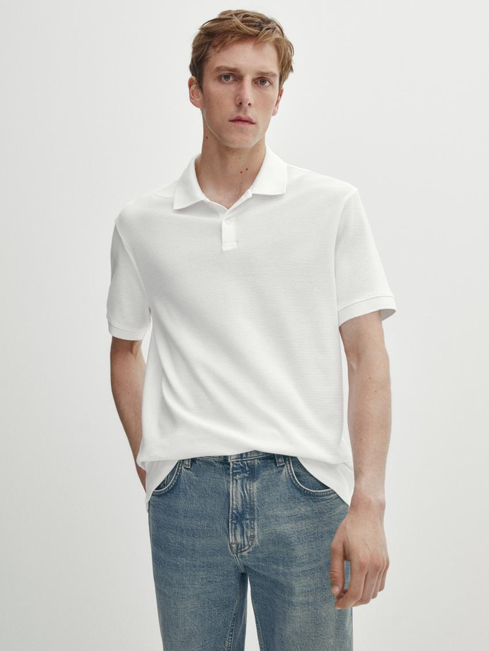 Massimo Dutti Хлопковая футболка-поло с короткими рукавами, натуральный