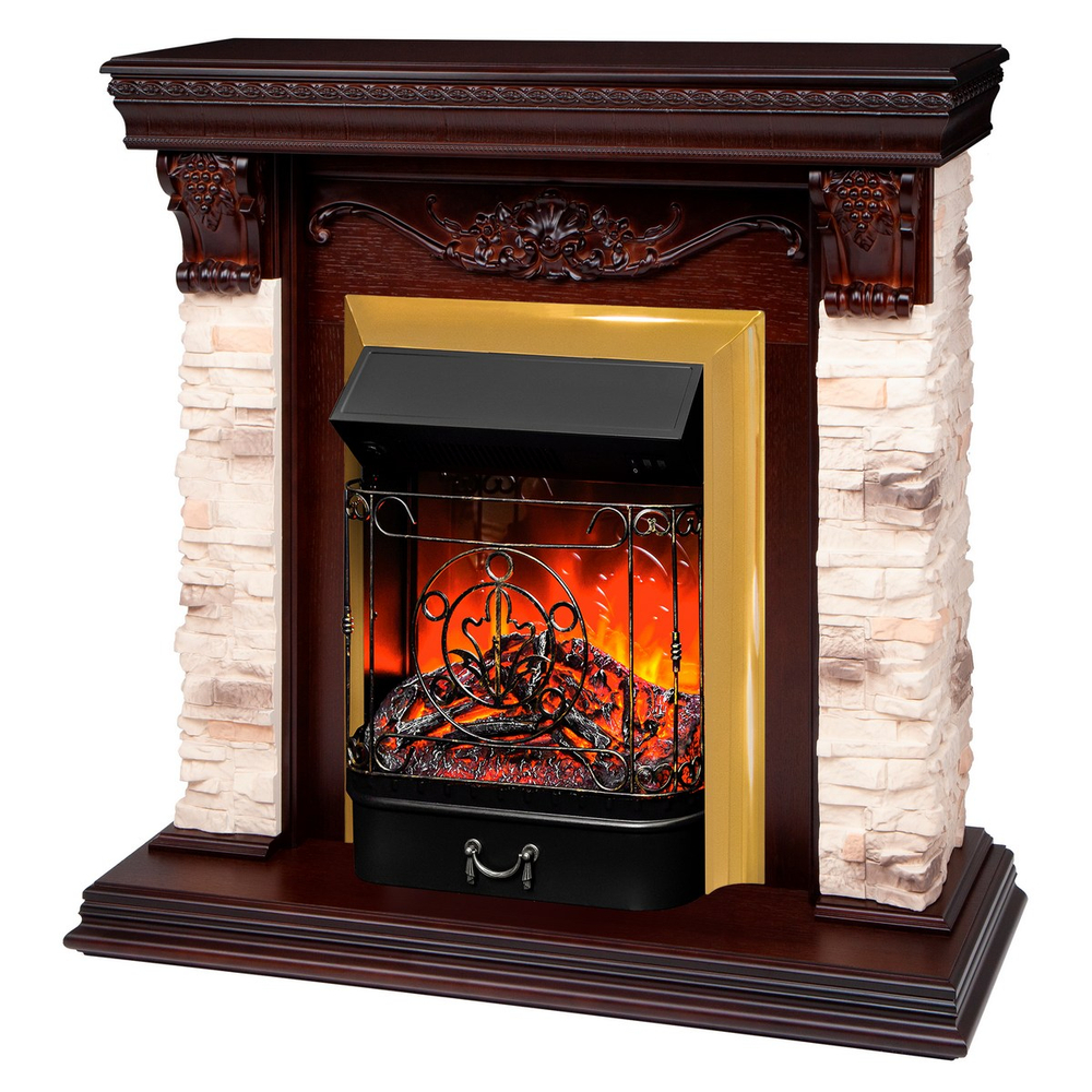 Электрокамин RealFlame Patricia STD NT орех с очагом Majestic Lux Brass