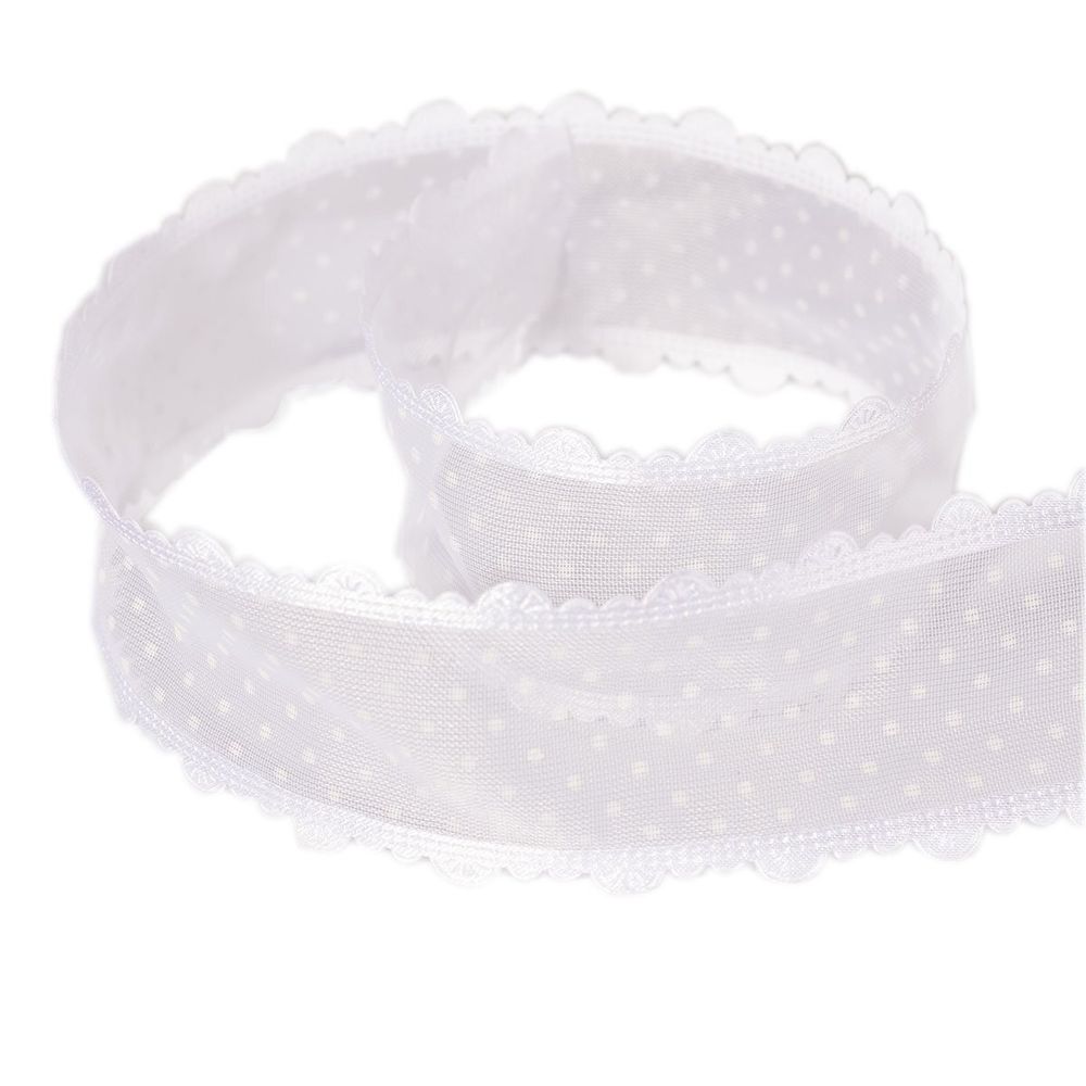 Декоративная лента капроновая с фигурной каймой для декора и флористики, 4 см, намотка 25 ярдов, белый, дизайн белый горошек