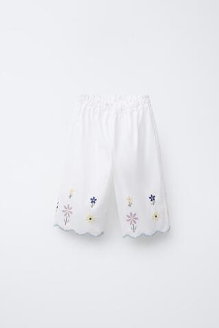 ZARA БРЮКИ-КЮЛОТЫ С ВЫШИВКОЙ, БЕЛЫЙ