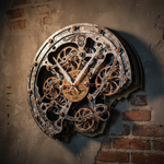 Настенные часы крупным планом, деталь зубчатых шестерёнок — текстура старого металла, акцент на ручную работу.