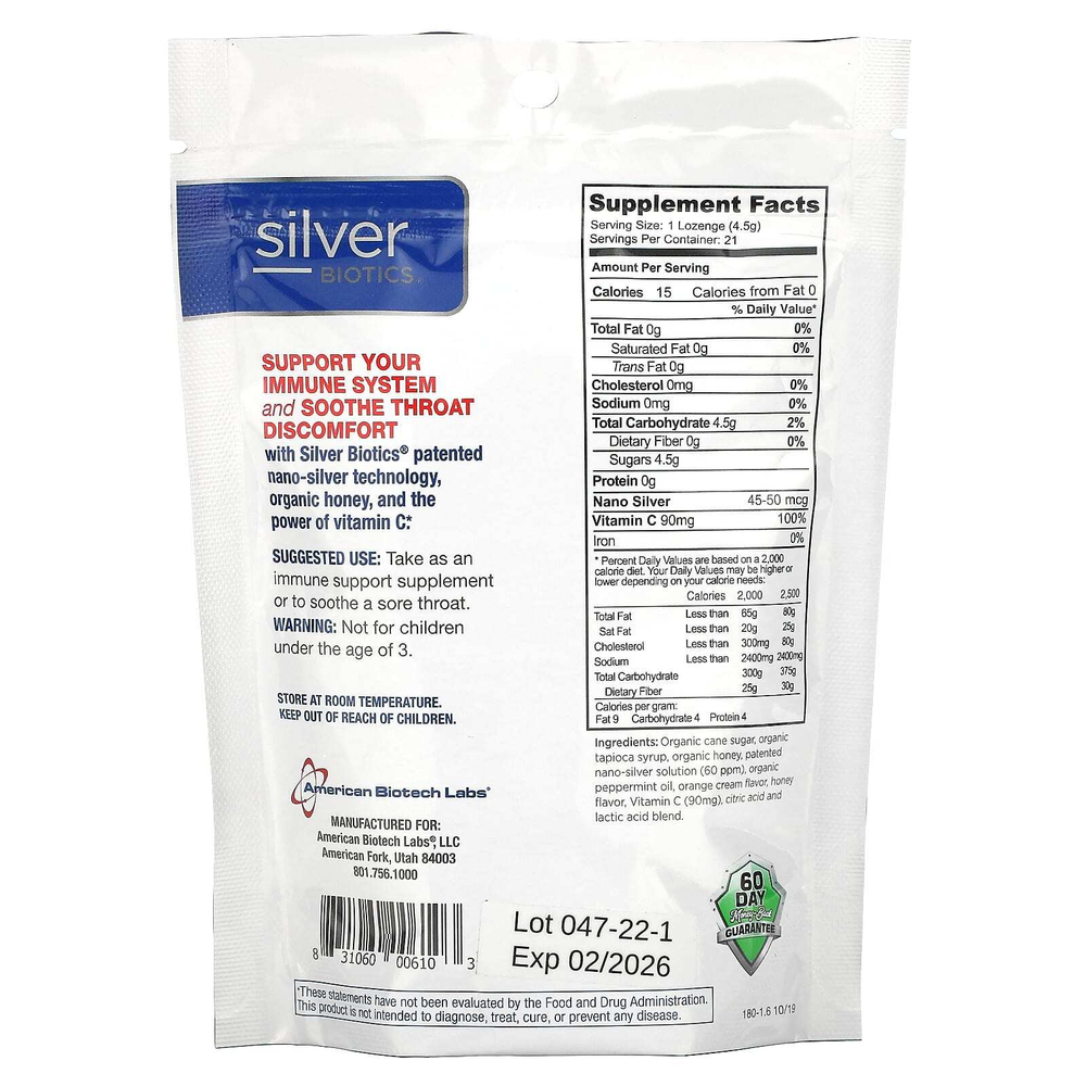 American Biotech Labs, Silver Biotics, Серебряные леденцы, 60 частей на миллион SilverSol, апельсиновый всплеск, 21 леденец