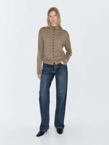 Massimo Dutti Вязаный кардиган с воротником-стойкой, зеленоватый