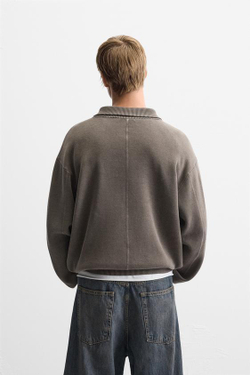 ZARA ПОЛО ИЗ РЕЛЬЕФНОГО ТРИКОТАЖА С ЭФФЕКТОМ ПОТЕРТОСТИ, СЕРЫЙ