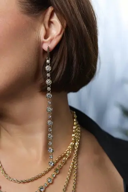 Серьги "Богема" длинные "дорожки"  с цирконами, оттенок золото