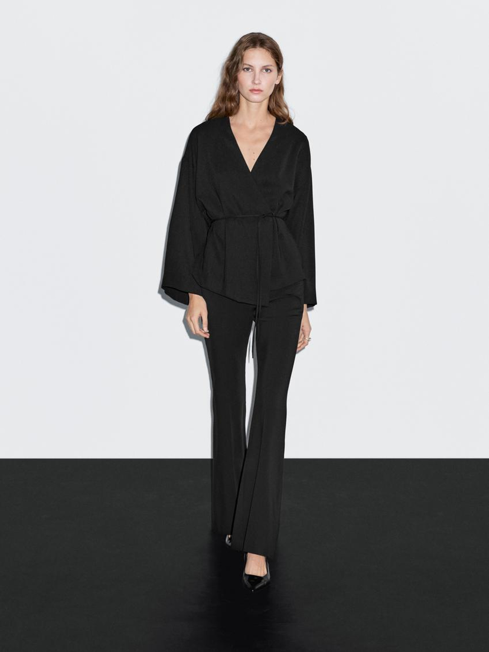 Massimo Dutti Кимоно свободного кроя с V-образным вырезом, черный