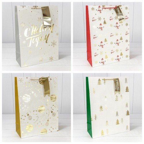 Пакет подарочный 33 х 45 х 15 см Набор 4 шт "Новый год" с тиснением (Белый)