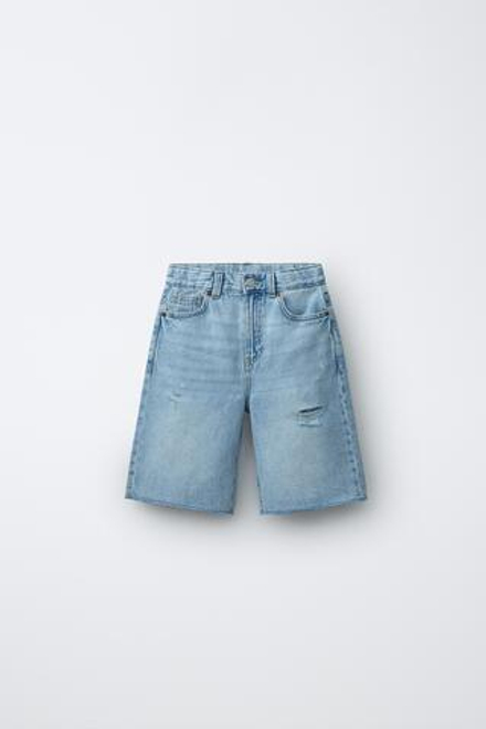 ZARA ДЖИНСОВЫЕ ШОРТЫ WIDE FIT С РАЗРЕЗАМИ, ГОЛУБОЙ