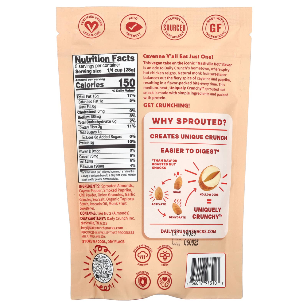 Daily Crunch, Пророщенный миндаль, острый по Нэшвиллу, 141 г (5 унций)