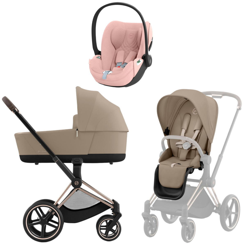 Коляска 3 в 1 Cybex Priam IV Rosegold complete и автокресло Cloud T i-Size Peach Pink Plus Cozy Beige