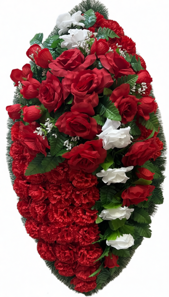 Венок на похороны из искусственных красных роз и гвоздик с белыми розами и зеленью Венок на похороны из искусственных красных роз и гвоздик с белыми розами и зеленью