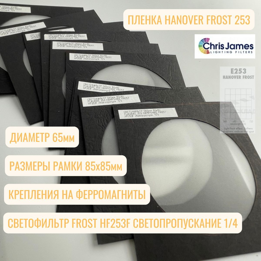 Светофильтр диффузионный пленочный D65мм 80х80мм FLAURAE 253 HANOVER FROST HF253f светопропускание 1/4
