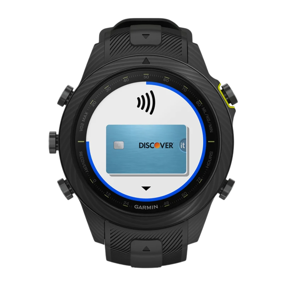 Спортивные часы Garmin MARQ Athlete (Gen 2) Carbon Edition, чёрный силиконовый ремешок Безель и корпус из углеродного волокна и титана, AMOLED-дисплей с куполообразным сапфировым стеклом. Ремешок с классической застёжкой — на запястье обхватом 135–213 мм