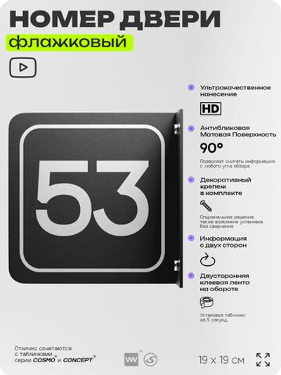 Табличка флажковая с номером 53 на дверь квартиры, для офиса, кабинета, аудитории, склада, черная двустороняя 19х19 см, Айдентика Технолоджи