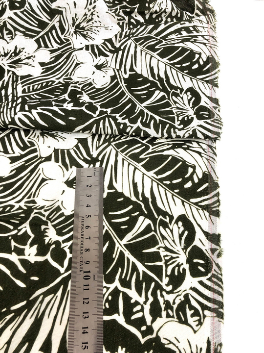 Плательная лен принт цветы белые на зеленом D2C2