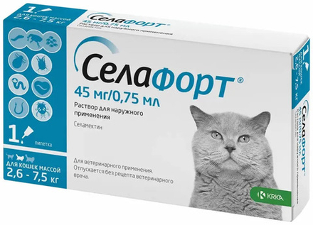 Селафортдля кошек от 2,6 до 7,5кг, 45мг/0,75мл, раствор для нар. прим., противопаразитный 1 пипетка