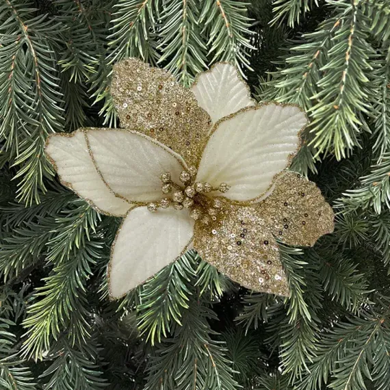 Декоративный цветок Пуансеттия 25 см., кремовый, на клипсе, Christmas DeLuxe (89565)