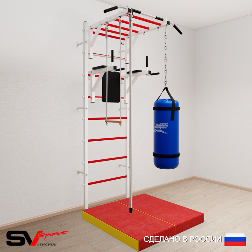 Шведская стенка Sv Sport усиленная 6465 (Турник рукоход/Брусья/Канат/Трапеция/Цепь/Мешок 15кг/Мат 1м)