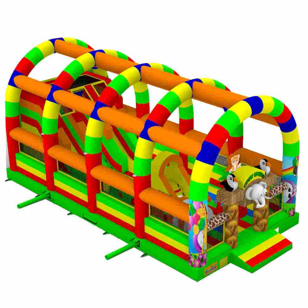 Коммерческий надувной батут «Страна Сафария 2» с крышей и двумя горками, 12*6*6 м