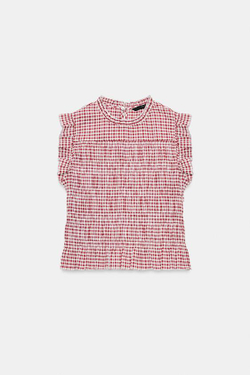 ZARA ТОП В КЛЕТКУ ВИШИ С ЭФФЕКТОМ ЖАТКИ, ЭКРЮ/ГРАНАТОВЫЙ