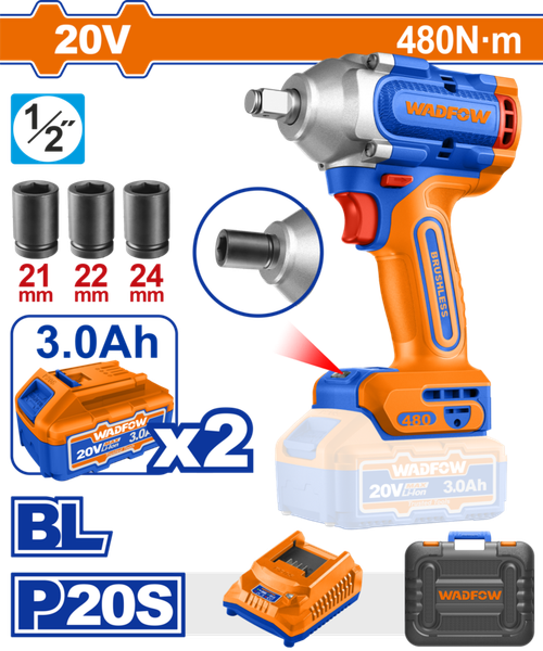 Гайковерт аккумуляторный 20В, 480 Нм, б/щ (5) WADFOW WCD1B48