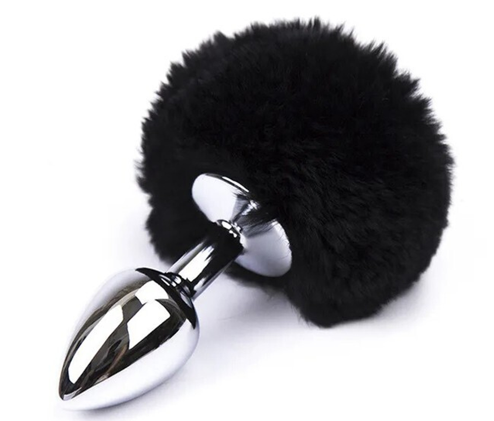 Анальная пробка с хвостиком (Цвет: черный, серебристый)