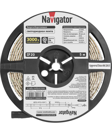 Лента светодиодная Navigator 12V 4,8Вт 3000К IP20 бухта 5м белая 28837