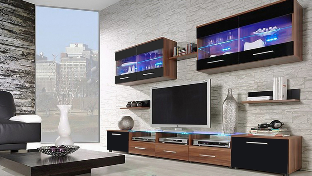 Гостиная Тома 3 Черный 0190 / Орех 0729 250*42*190 см, Черный, Орех   Фиеста