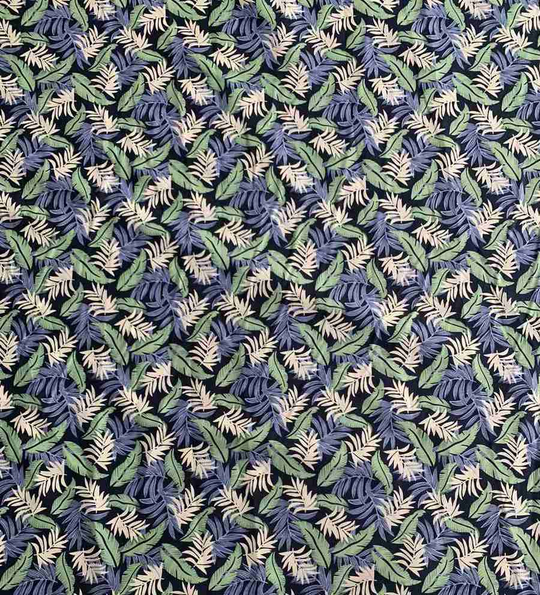 Коттон принт, листья белый/голубой/зеленый на черном В14С1