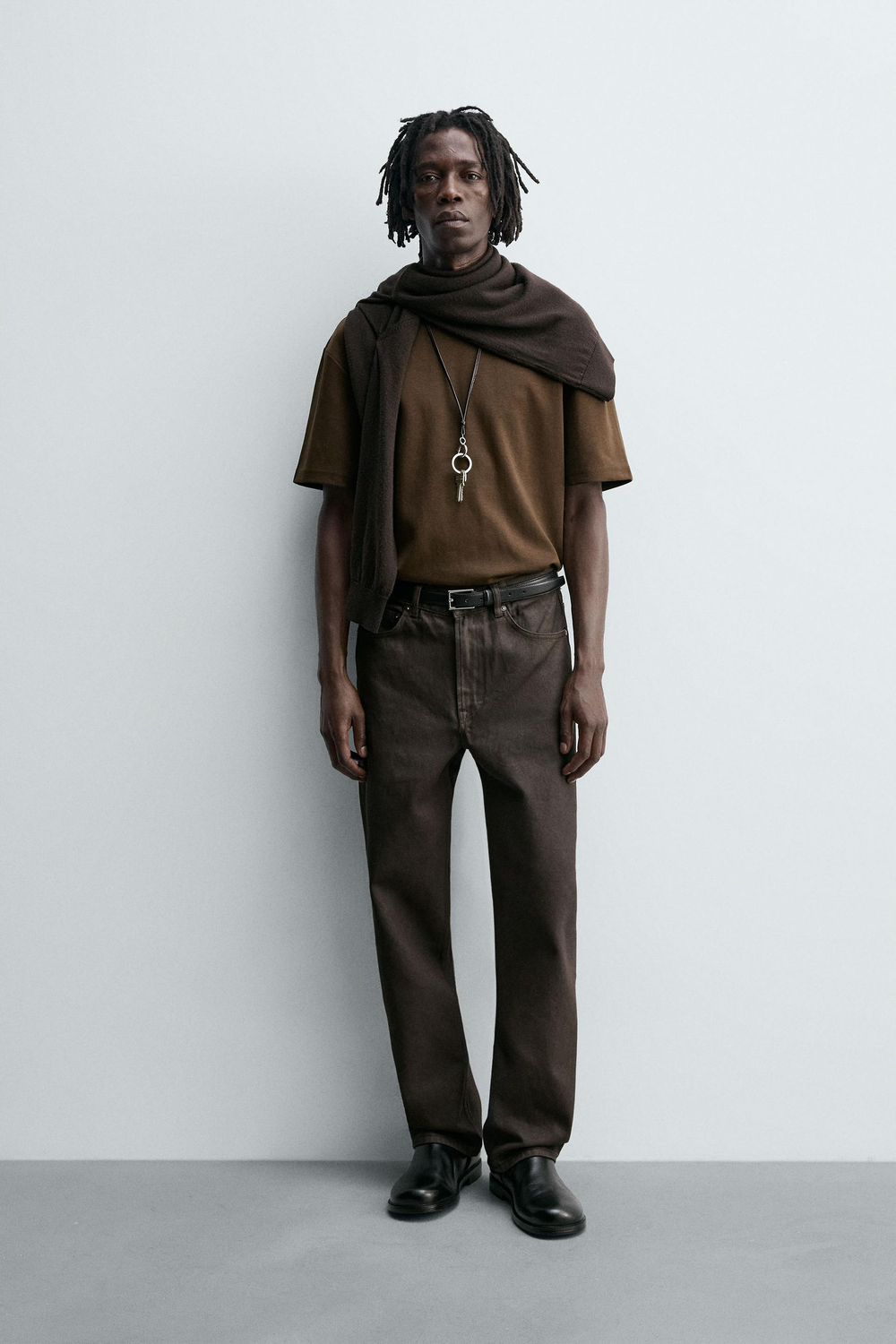 ZARA ФУТБОЛКА RELAXED FIT INTERLOCK, ТЕМНО-КОРИЧНЕВЫЙ