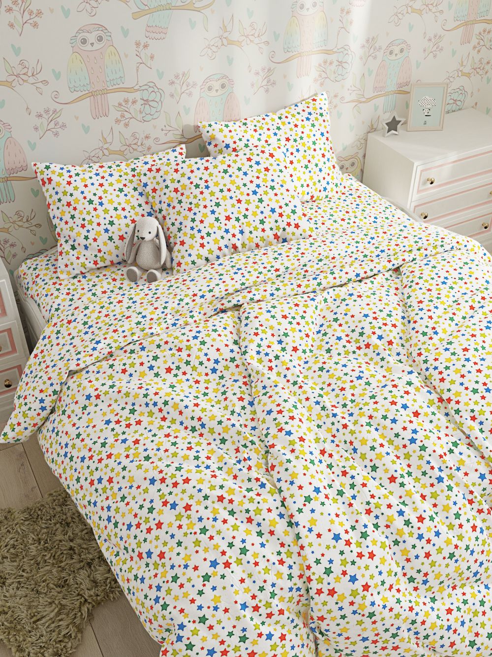 Постельное белье Сказка "Фейерверк" 2-спальный Наволочка 50х70 см 2 шт Простынь на резинке 160х200 см Пододеяльник 175х215 см, перкаль