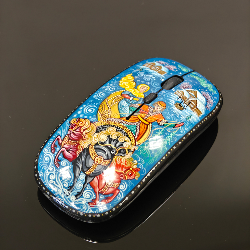 Мышь беспроводная, с ручной росписью Палех "Тройка" N5