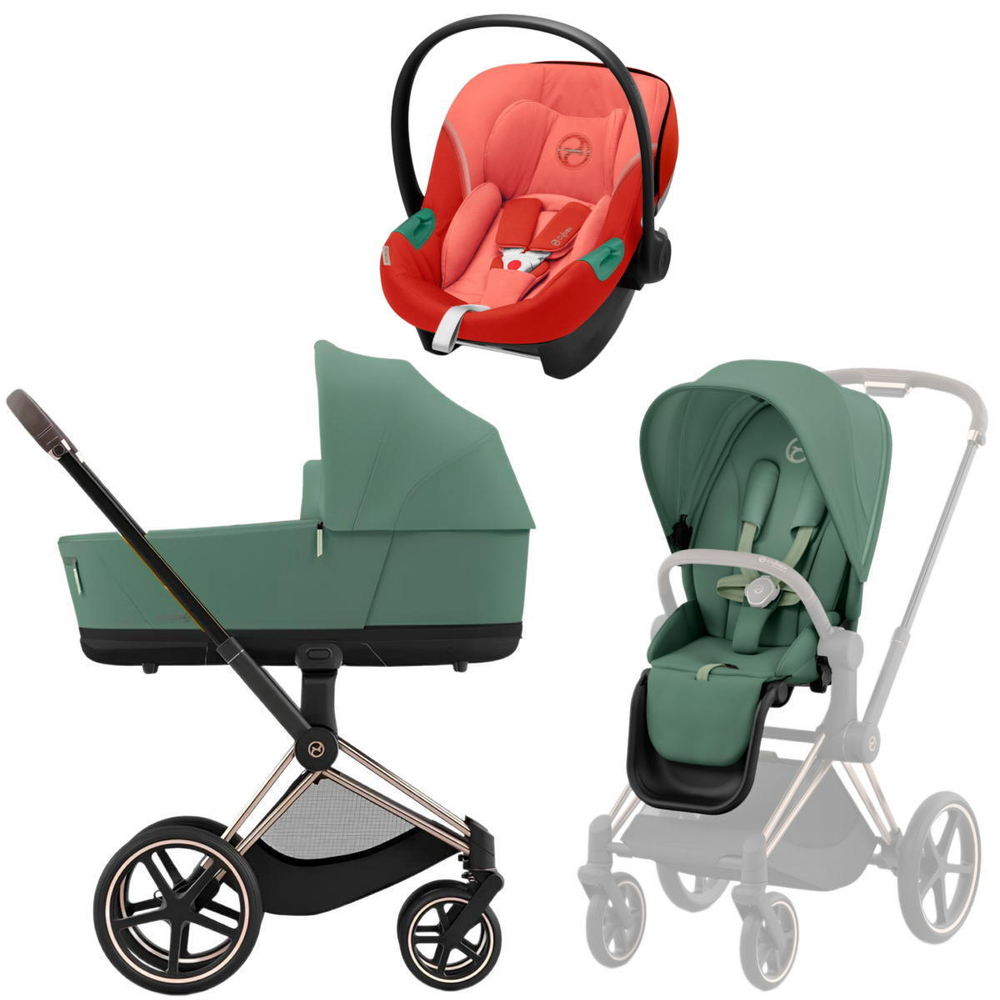 Коляска 3 в 1 Cybex Priam IV Rosegold complete и автокресло Aton S2 i-Size Hibiscus Red Leaf Green