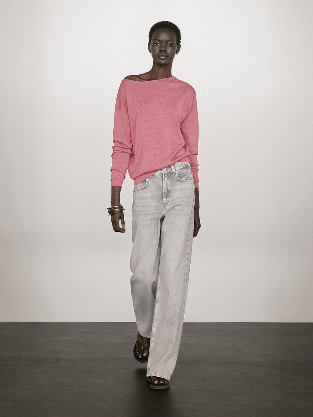 Massimo Dutti Свитер тонкой вязки из 100% льна, розовый