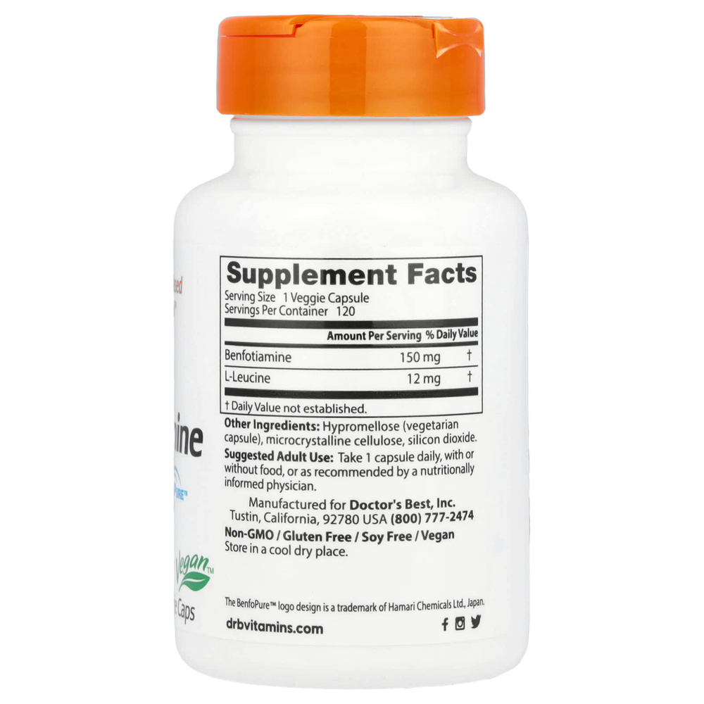 Doctor's Best, бенфотиамин 150 с BenfoPure™, 150 мг, 120 растительных капсул