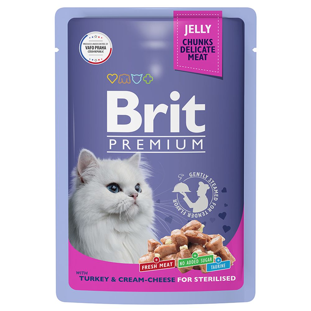 Пауч Brit Premium для взрослых стерилизованных кошек индейка с сыром в желе 85 г