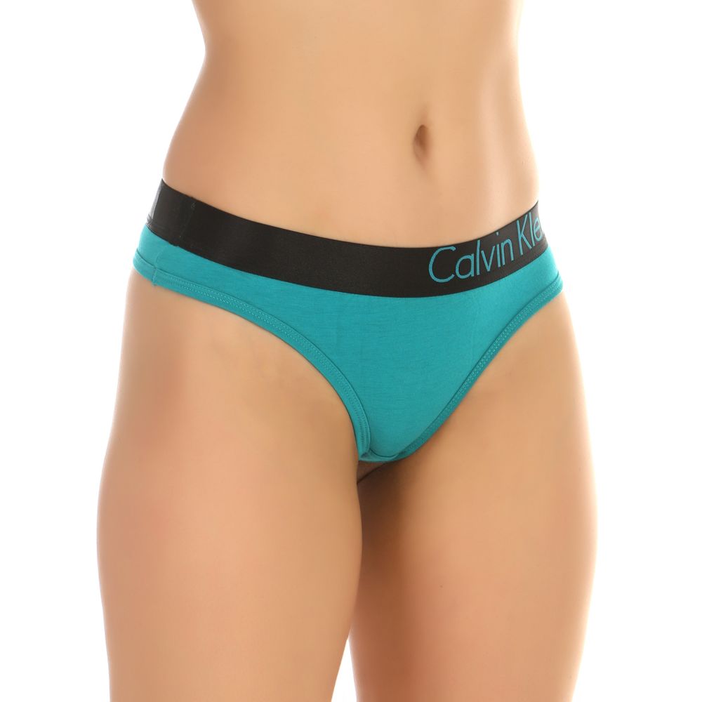 Женские трусы тонги изумрудные с черной резинкой Calvin Klein Women Black Emerald