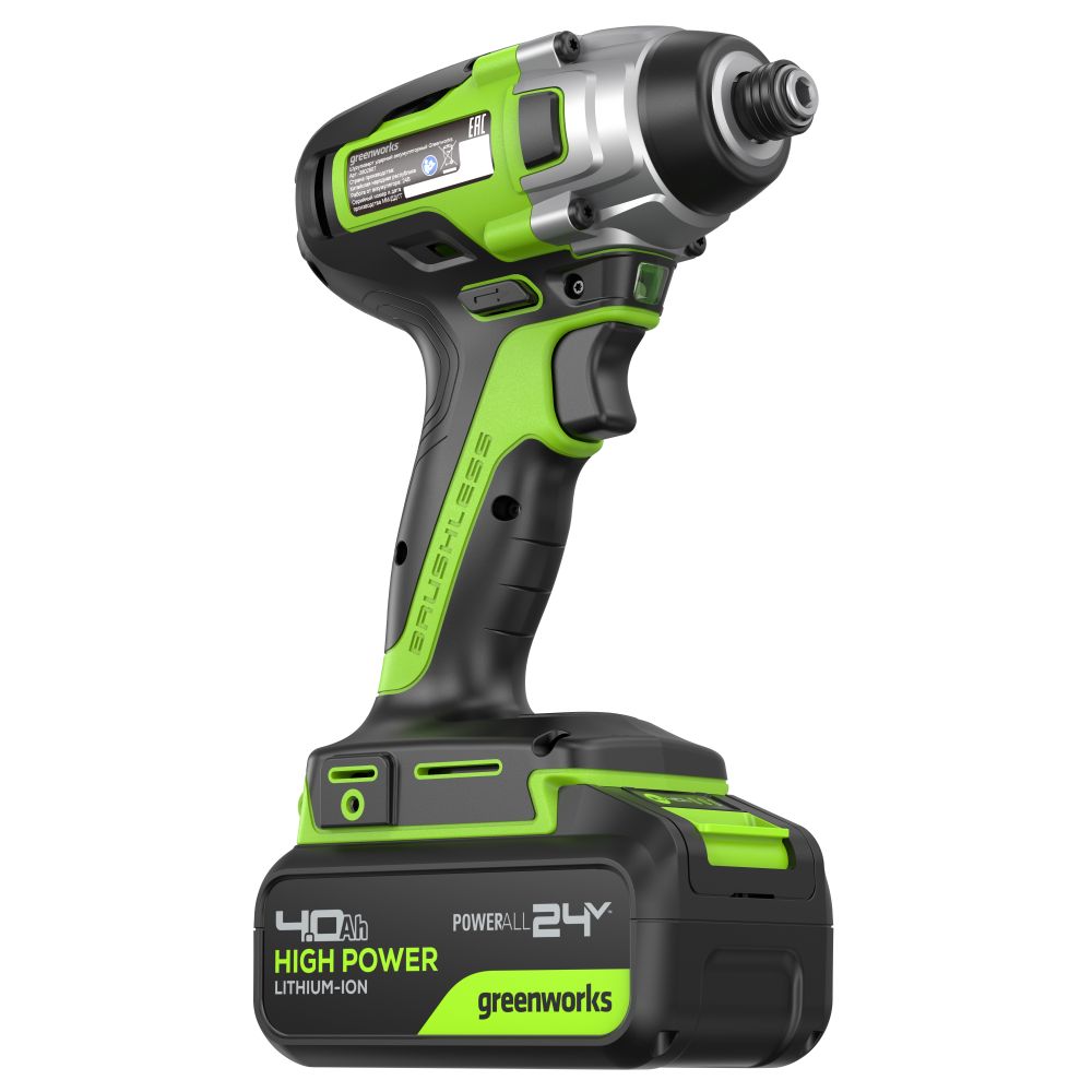 Винтоверт ударный акк. Greenworks GD24ID3, 24V, б/щет, 0-2800об/мин, 4000уд/мин, HEX 1/4, 300Нм, 3 режима,1x4Ач,ЗУ,кор (3802807CUB)