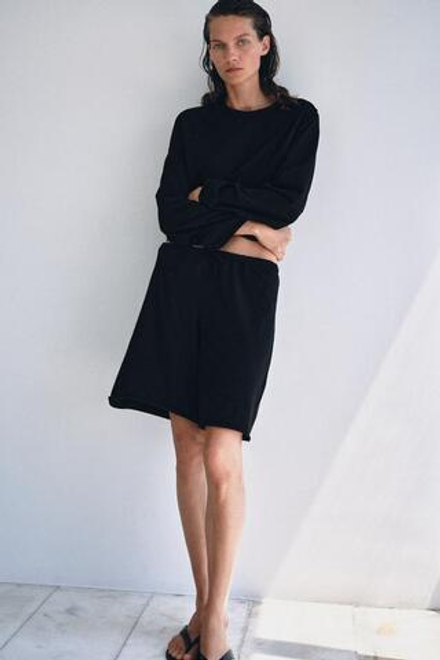 ZARA ХЛОПКОВЫЕ ШОРТЫ НА ШНУРКЕ, ЧЕРНЫЙ