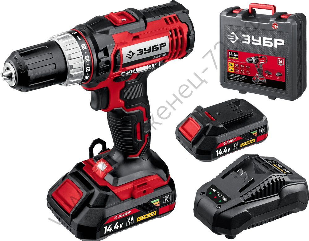ЗУБР С1, 14.4 В, 35 Н·м, 2 АКБ (2 А·ч), дрель-шуруповерт, кейс (ДШЛ-145-22)
