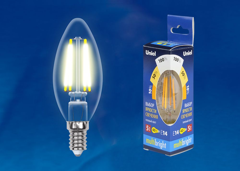 LED-C35-5W/WW/E14/CL/MB GLM10TR Лампа светодиодная. Форма «свеча», прозрачная. Серия Multibright. Теплый белый свет (3000K). 100-50-10. Картон. ТМ Uni