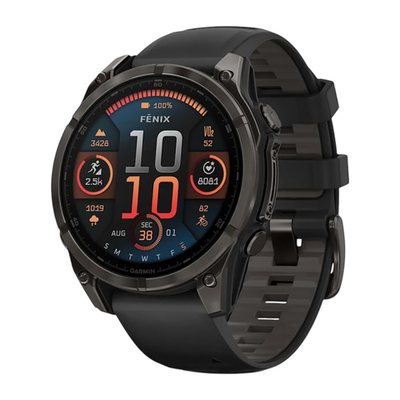 Спортивные часы Garmin fenix 8, 47 мм, AMOLED, титан с DLC, сапфир, силиконовый ремешок цвета чёрный/«серая галька» Тёмно-серый безель из титана с DLC-покрытием, AMOLED-дисплей. Ремешок с классической застёжкой — на запястье обхватом 125–208 мм
