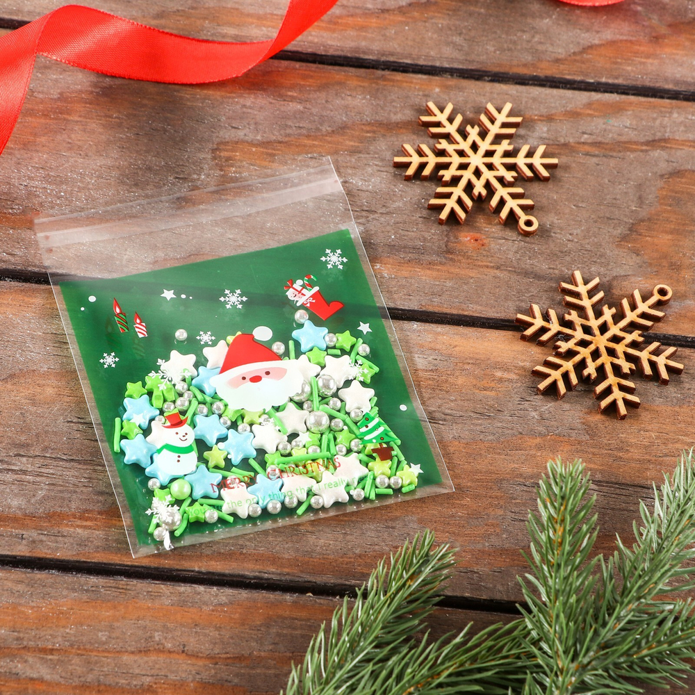 Пакет БОПП с липкой лентой, "Счастливого Рождества", 10 х 10+3см, 10 шт