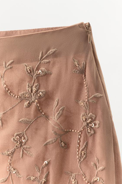 ZARA ЮБКА ИЗ ЖОРЖЕТА С ВЫШИВКОЙ И БУСИНАМИ, РОЗОВАТЫЙ