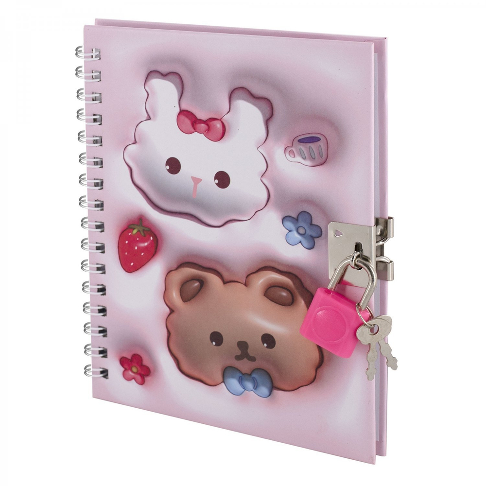 Блокнот в футляре, 19,5 см * 22,5 см, гребень, Alingar, ламинация, эффект 3D, ручка, замочек, клетка, 45 л., "Зайка и мишка", розовый